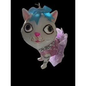 Robert Stanley Kitty Cat Glass Xmas Ornament Tutu Purple Pink Gray White Tabby